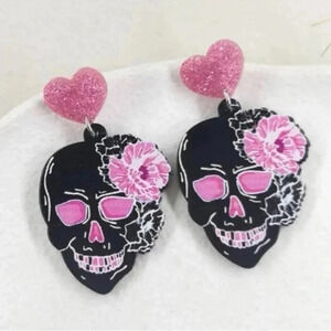 Hot Pink & Black Skull Earrings